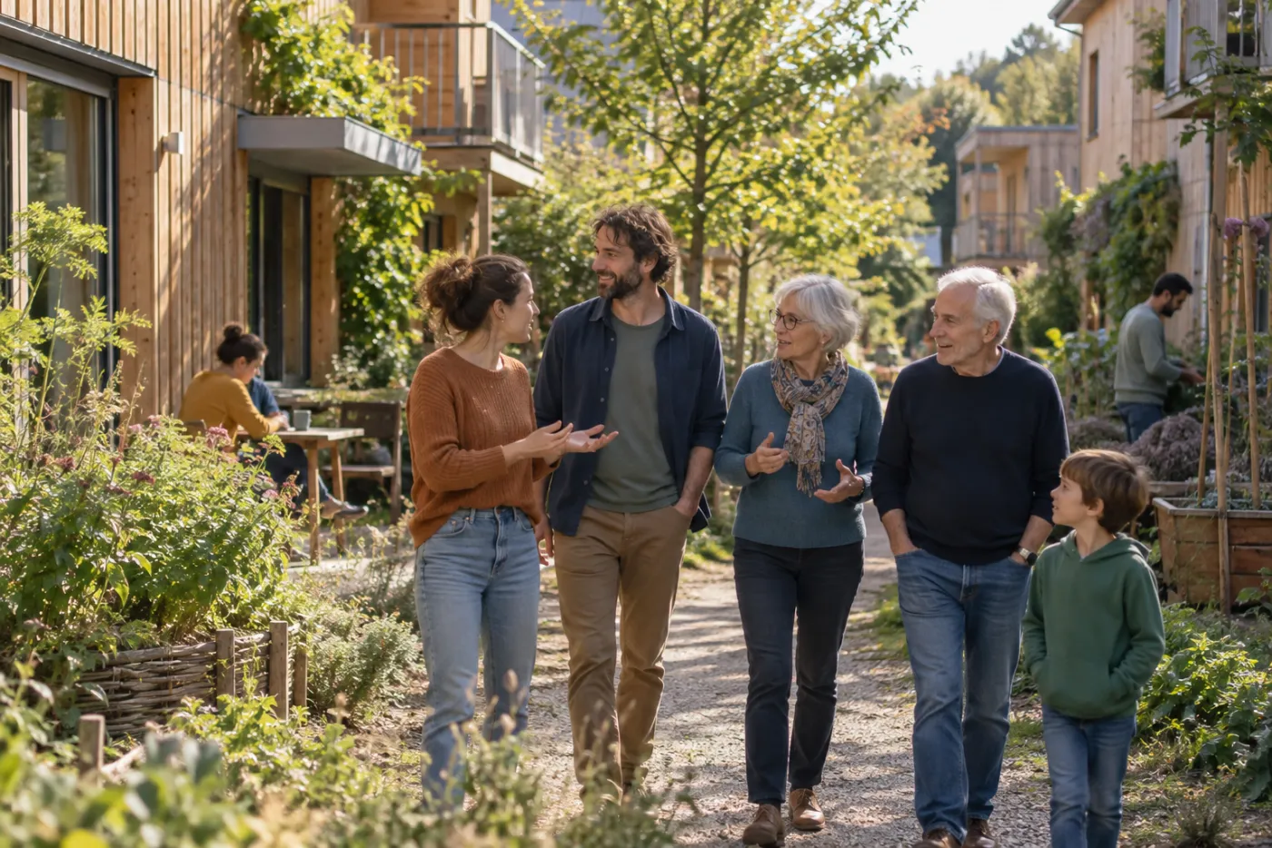 Des habitants échangent dans une cour commune entre plusieurs logements