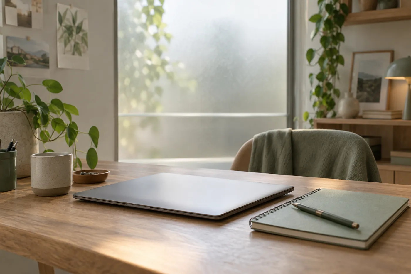 Ordinateur fermé et carnet dans un espace de travail calme