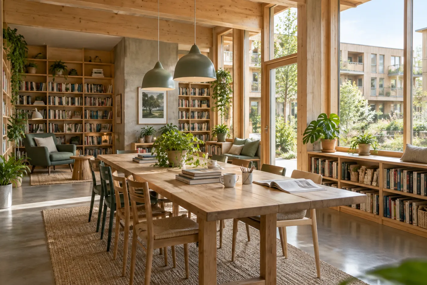 Bibliothèque et table de lecture dans un espace partagé